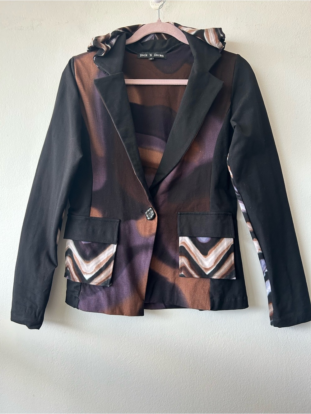 Rock N Karma Boutique Black Patterned Hooded Blazer Jacket